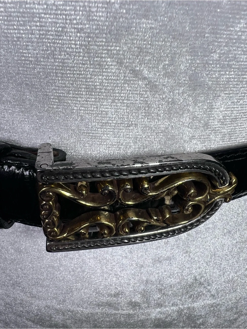 Brighton Women’s Black Croc Mixed Metals Silver & Gold Filagree Buckle Belt